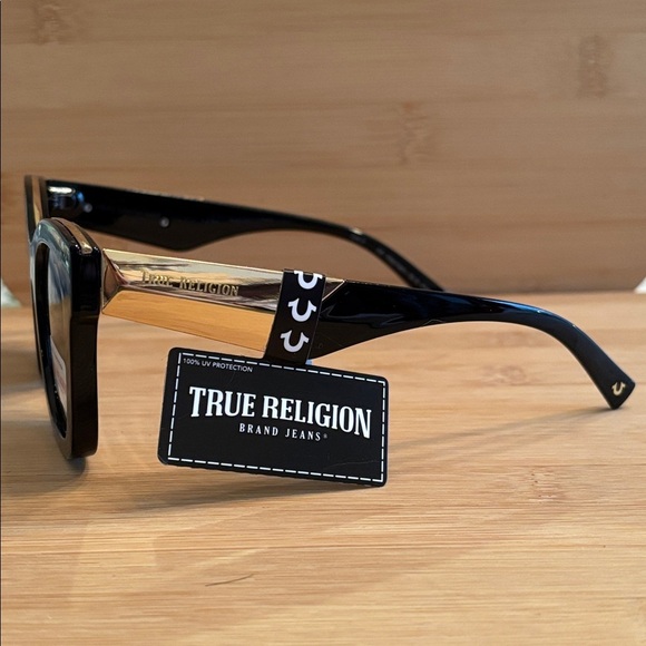 Brand New True Religion Black Oversized Square Cat Eye Sunglasses Gold Tone Logo